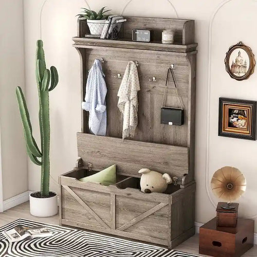 74 3-In-1 Hall Tree Storage Bench and Coat Rack with 5 Hooks, and Anti-Topple Anchor for Entryway