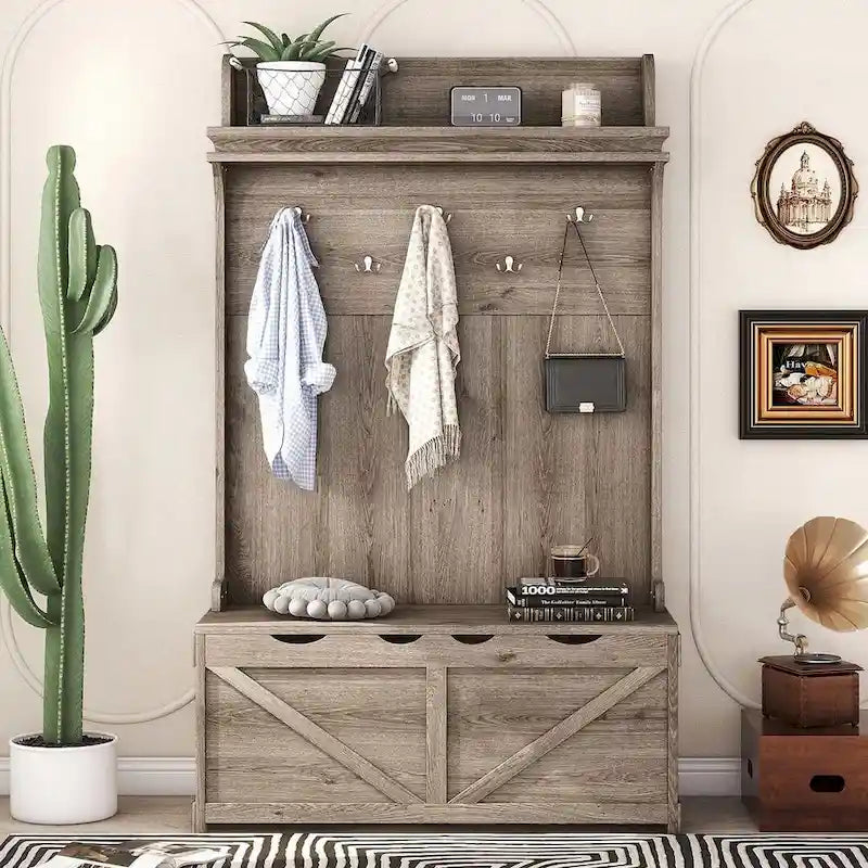 74 3-In-1 Hall Tree Storage Bench and Coat Rack with 5 Hooks, and Anti-Topple Anchor for Entryway