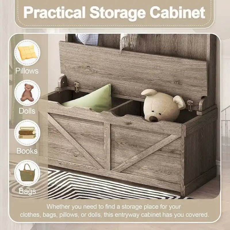 74 3-In-1 Hall Tree Storage Bench and Coat Rack with 5 Hooks, and Anti-Topple Anchor for Entryway