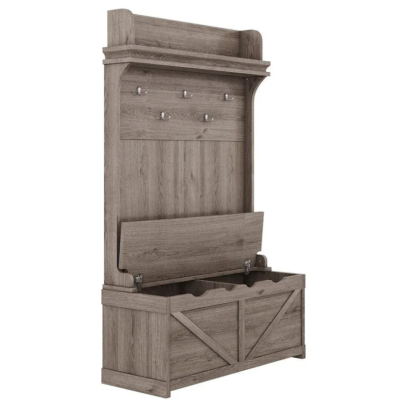 74 3-In-1 Hall Tree Storage Bench and Coat Rack with 5 Hooks, and Anti-Topple Anchor for Entryway