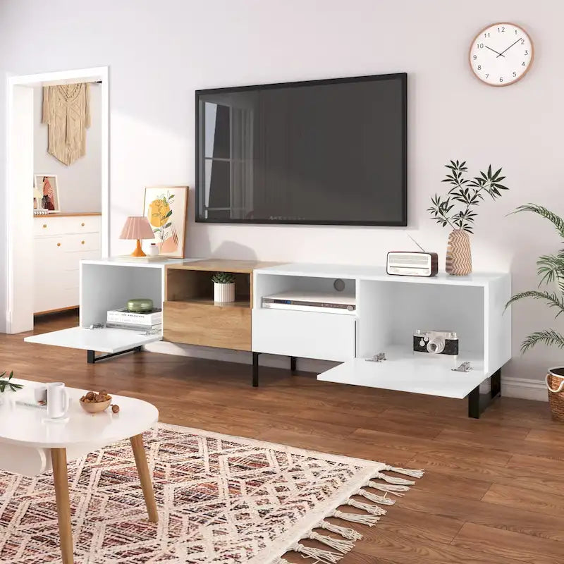 TV Stand with 2 Cabinets and Open Storage Compartment