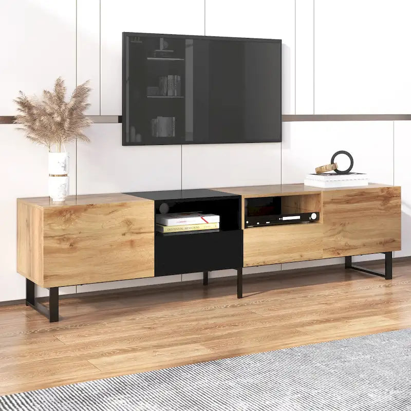 TV Stand with 2 Cabinets and Open Storage Compartment