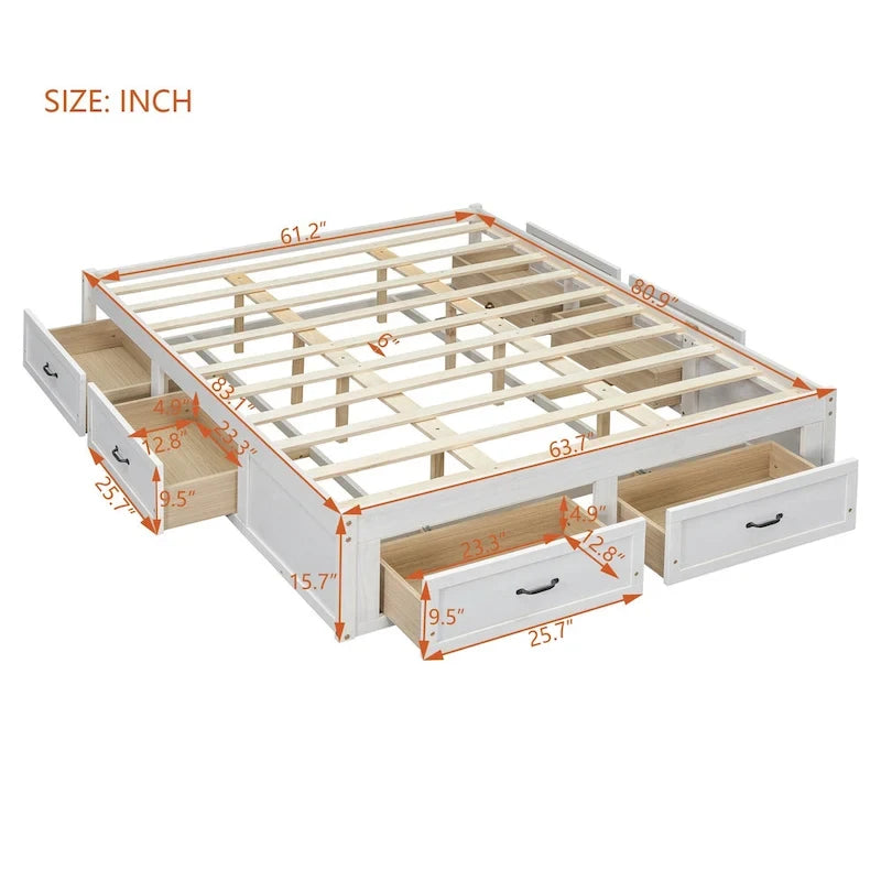 Queen Size Platform Bed with 6 Storage Drawers