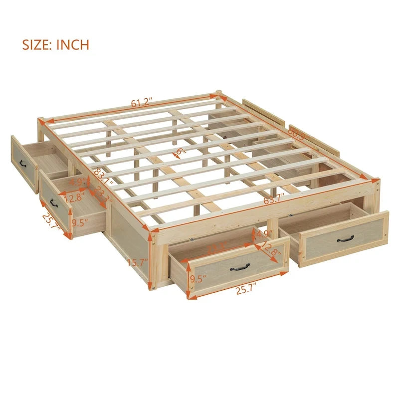 Queen Size Platform Bed with 6 Storage Drawers