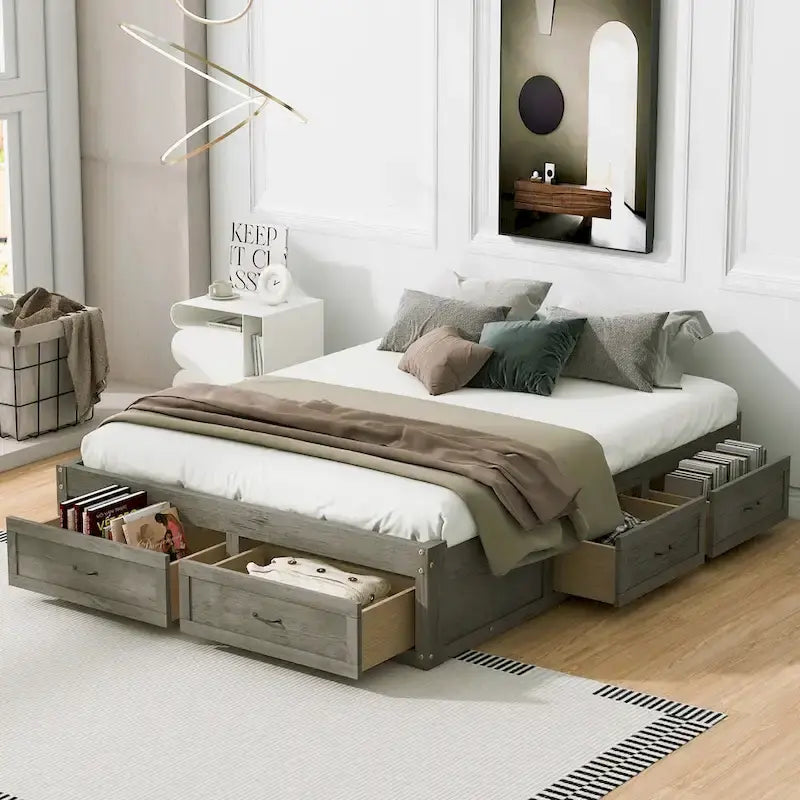 Queen Size Platform Bed with 6 Storage Drawers
