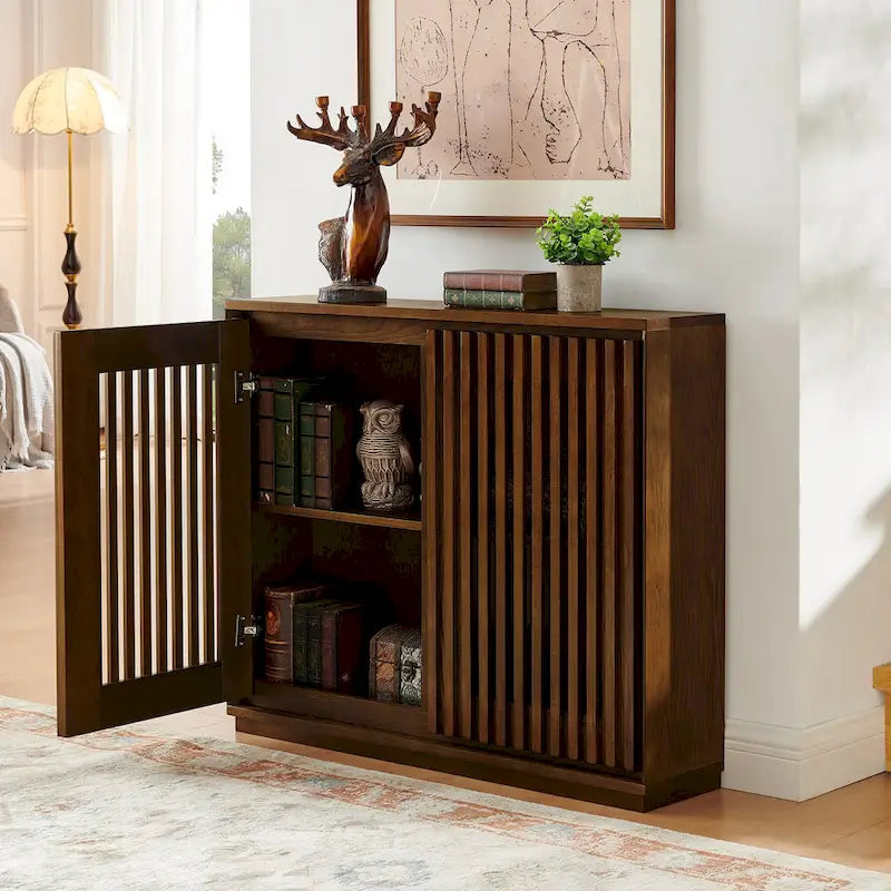 Modern Fluted Hollowed Out Sideboard Cabinet with 2 Outlet Holes, Buffet Cabinet with Storage, Storage Cabinet for Living Room