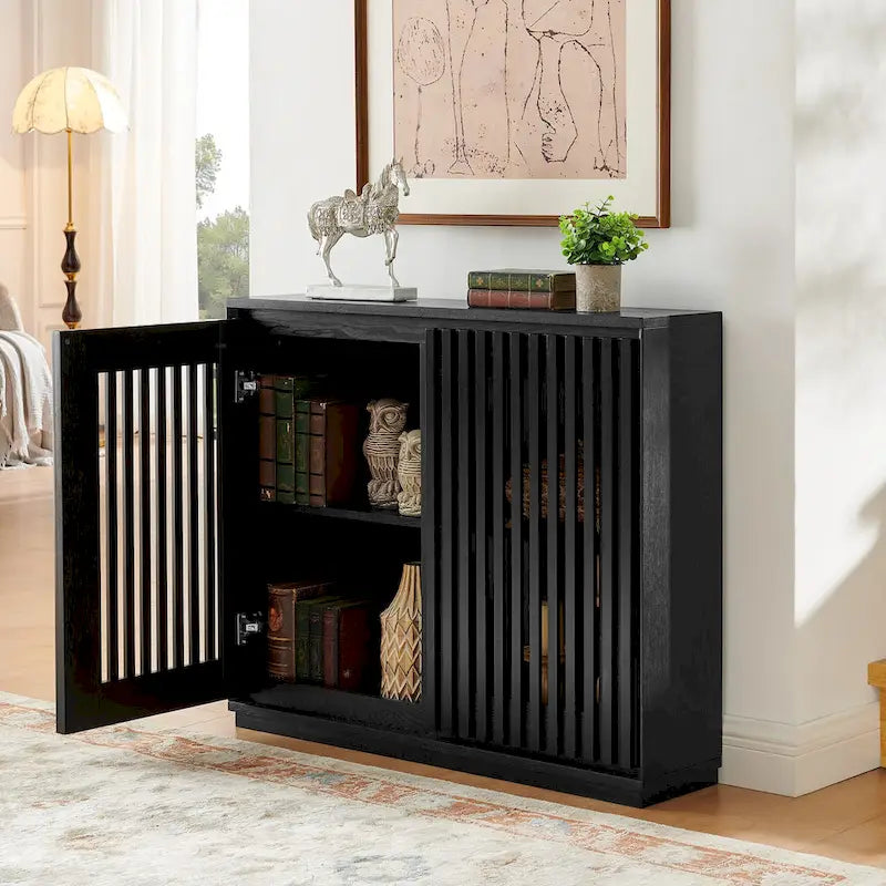 Modern Fluted Hollowed Out Sideboard Cabinet with 2 Outlet Holes, Buffet Cabinet with Storage, Storage Cabinet for Living Room