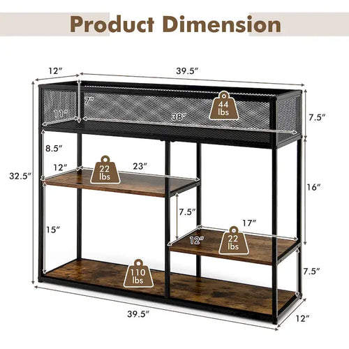 4-Tier Console Table w/ Wire Basket Narrow Sofa Table w/ shelf