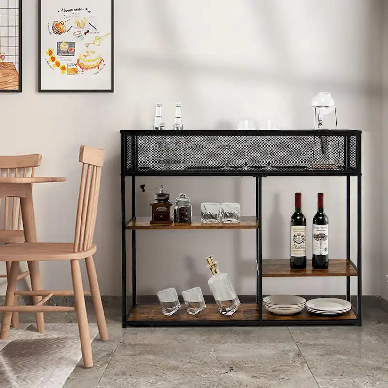 4-Tier Console Table w/ Wire Basket Narrow Sofa Table w/ shelf