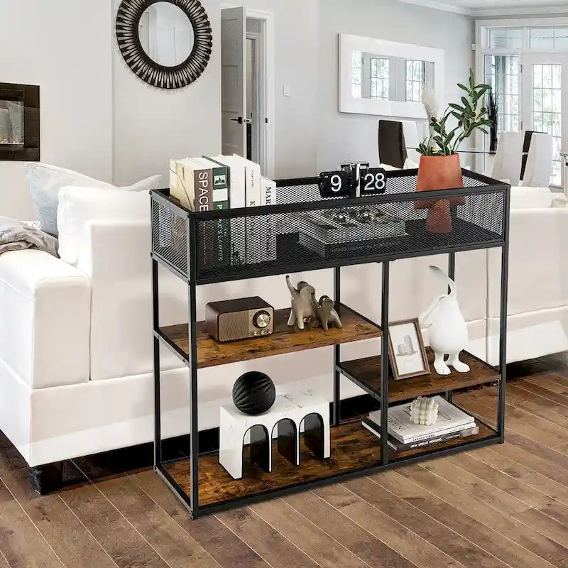 4-Tier Console Table w/ Wire Basket Narrow Sofa Table w/ shelf