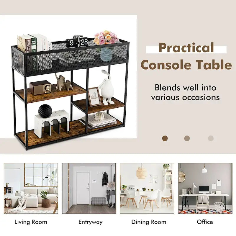4-Tier Console Table w/ Wire Basket Narrow Sofa Table w/ shelf