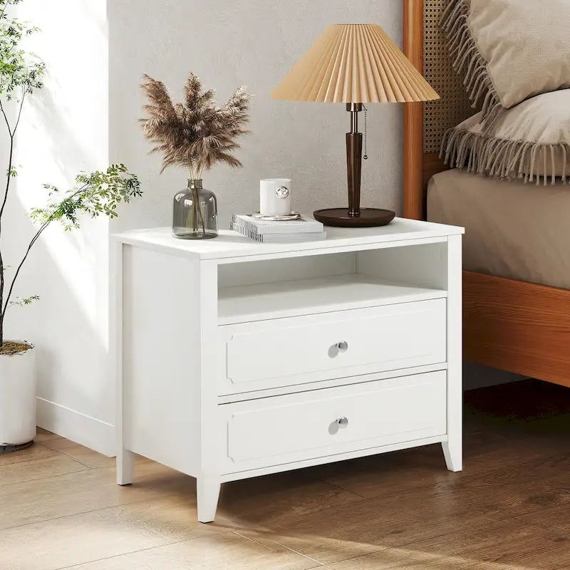 Modern Wide Nightstand with 2 Drawers and Open Storage, Bedroom Bedside Table with Solid Wood Legs, Nightstand.