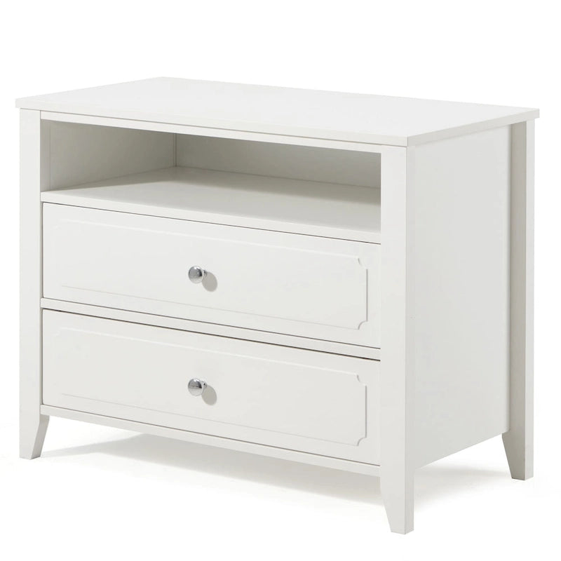 Modern Wide Nightstand with 2 Drawers and Open Storage, Bedroom Bedside Table with Solid Wood Legs, Nightstand.