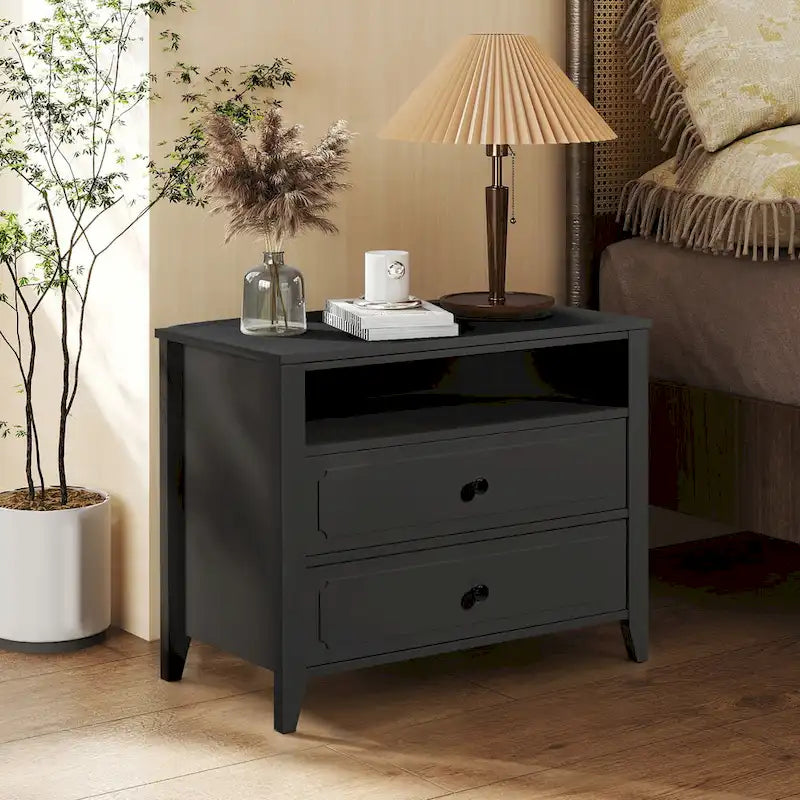 Modern Wide Nightstand with 2 Drawers and Open Storage, Bedroom Bedside Table with Solid Wood Legs, Nightstand.