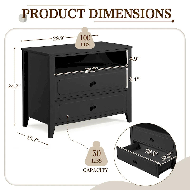 Modern Wide Nightstand with 2 Drawers and Open Storage, Bedroom Bedside Table with Solid Wood Legs, Nightstand.