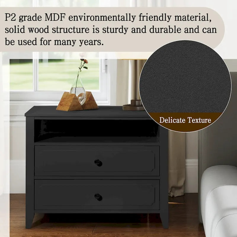 Modern Wide Nightstand with 2 Drawers and Open Storage, Bedroom Bedside Table with Solid Wood Legs, Nightstand.