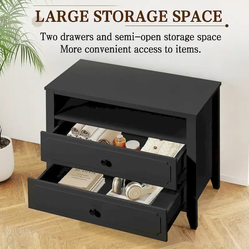 Modern Wide Nightstand with 2 Drawers and Open Storage, Bedroom Bedside Table with Solid Wood Legs, Nightstand.