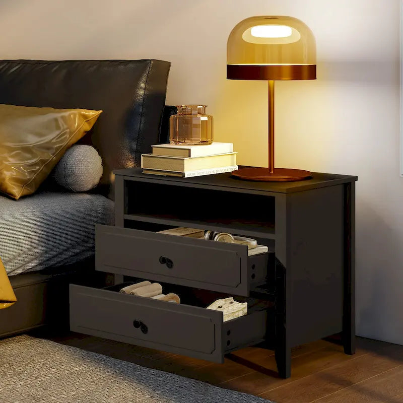 Modern Wide Nightstand with 2 Drawers and Open Storage, Bedroom Bedside Table with Solid Wood Legs, Nightstand.
