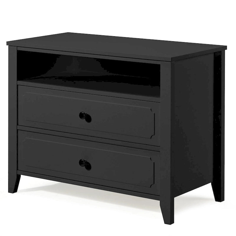 Modern Wide Nightstand with 2 Drawers and Open Storage, Bedroom Bedside Table with Solid Wood Legs, Nightstand.