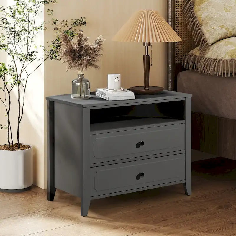 Modern Wide Nightstand with 2 Drawers and Open Storage, Bedroom Bedside Table with Solid Wood Legs, Nightstand.