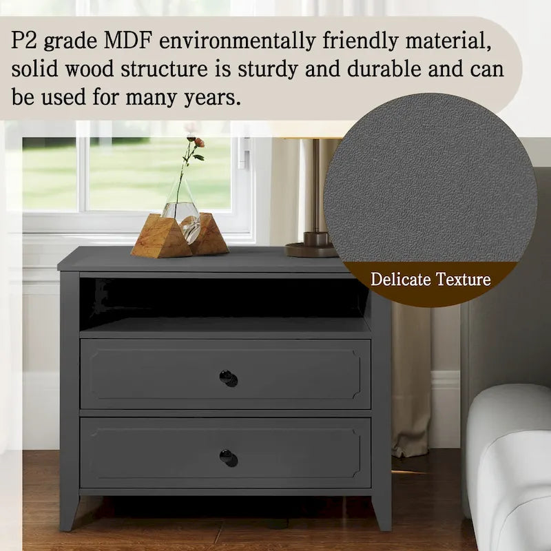 Modern Wide Nightstand with 2 Drawers and Open Storage, Bedroom Bedside Table with Solid Wood Legs, Nightstand.