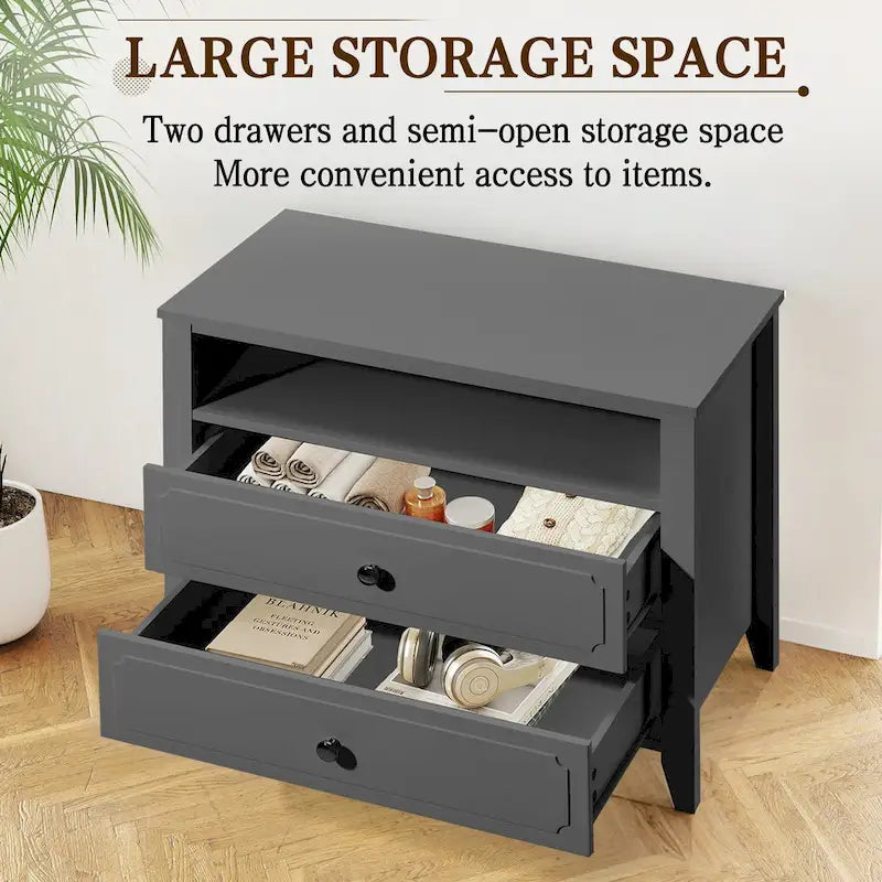 Modern Wide Nightstand with 2 Drawers and Open Storage, Bedroom Bedside Table with Solid Wood Legs, Nightstand.