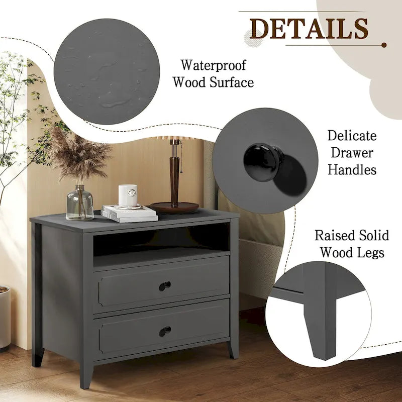 Modern Wide Nightstand with 2 Drawers and Open Storage, Bedroom Bedside Table with Solid Wood Legs, Nightstand.