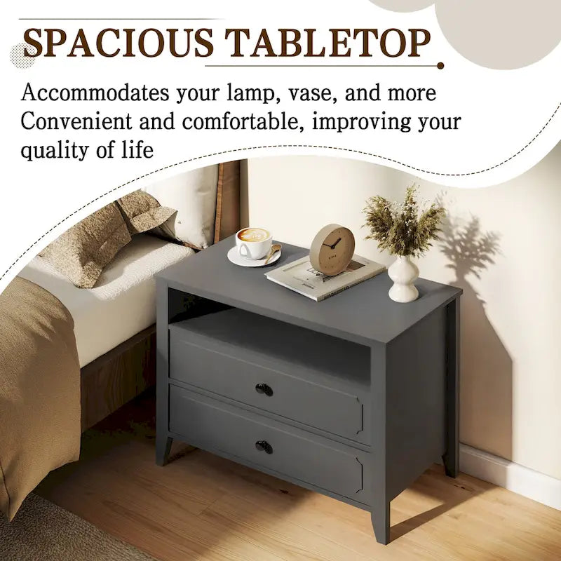 Modern Wide Nightstand with 2 Drawers and Open Storage, Bedroom Bedside Table with Solid Wood Legs, Nightstand.