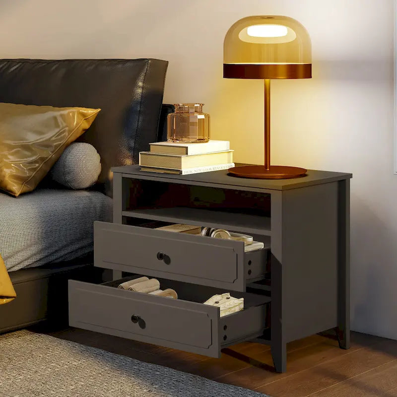 Modern Wide Nightstand with 2 Drawers and Open Storage, Bedroom Bedside Table with Solid Wood Legs, Nightstand.
