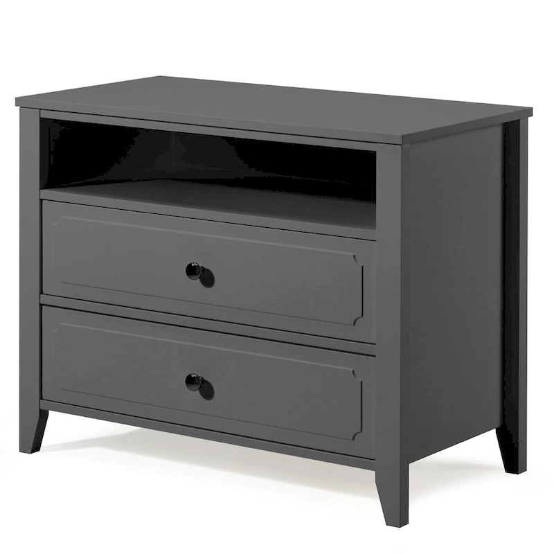 Modern Wide Nightstand with 2 Drawers and Open Storage, Bedroom Bedside Table with Solid Wood Legs, Nightstand.