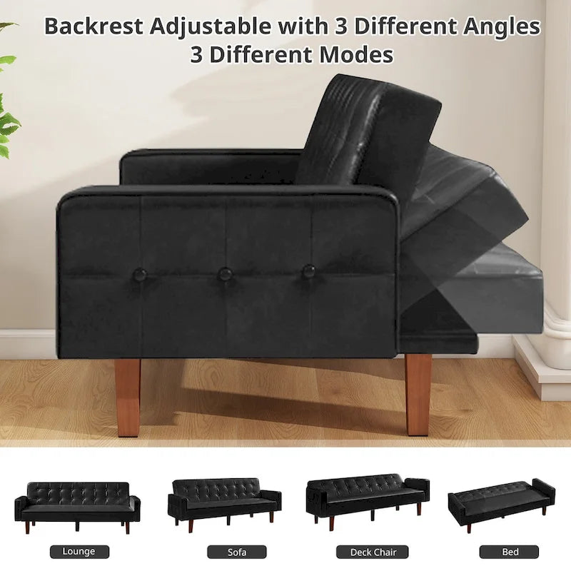 Mid-Century 74 in PU Leather Futon Sofa Bed, Button Tufted Sofa 3-Seat for Living Room Bedroom