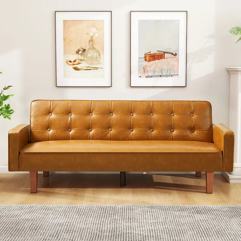 Mid-Century 74 in PU Leather Futon Sofa Bed, Button Tufted Sofa 3-Seat for Living Room Bedroom