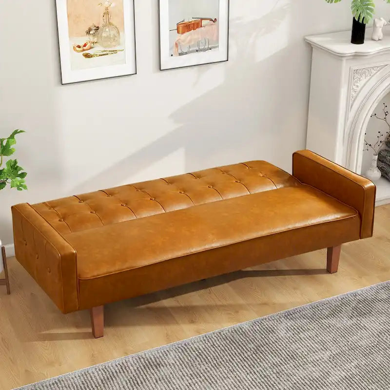 Mid-Century 74 in PU Leather Futon Sofa Bed, Button Tufted Sofa 3-Seat for Living Room Bedroom