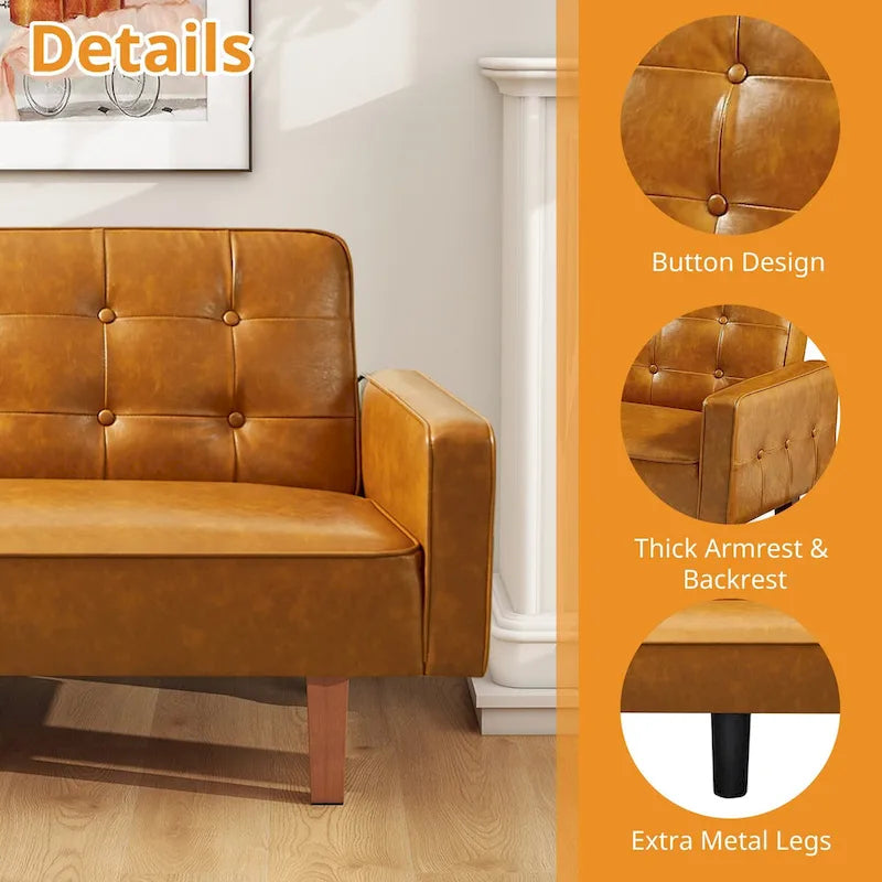 Mid-Century 74 in PU Leather Futon Sofa Bed, Button Tufted Sofa 3-Seat for Living Room Bedroom