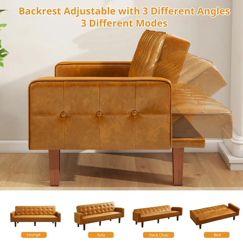 Mid-Century 74 in PU Leather Futon Sofa Bed, Button Tufted Sofa 3-Seat for Living Room Bedroom