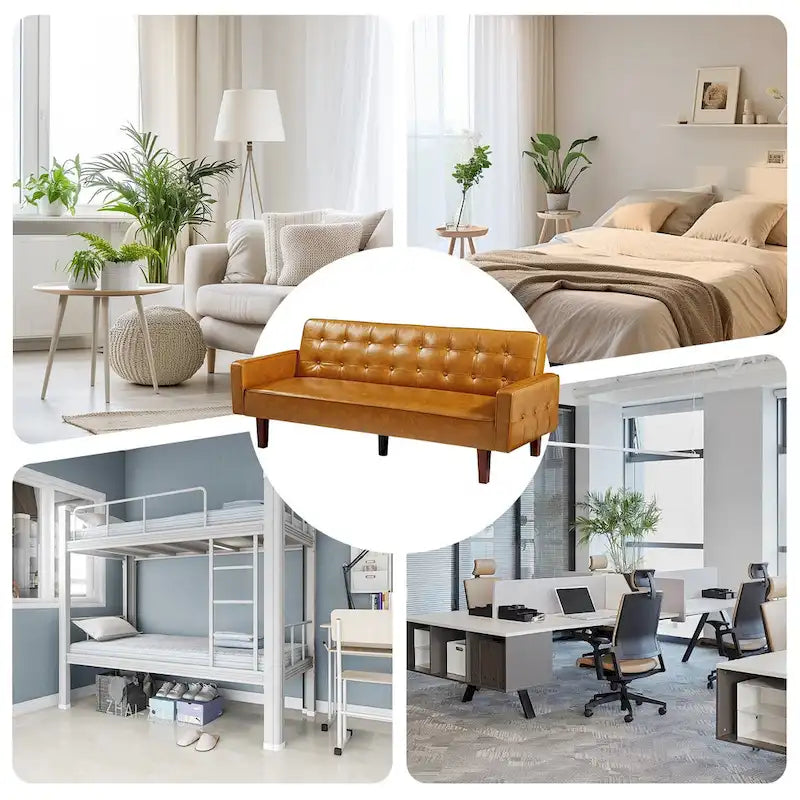 Mid-Century 74 in PU Leather Futon Sofa Bed, Button Tufted Sofa 3-Seat for Living Room Bedroom