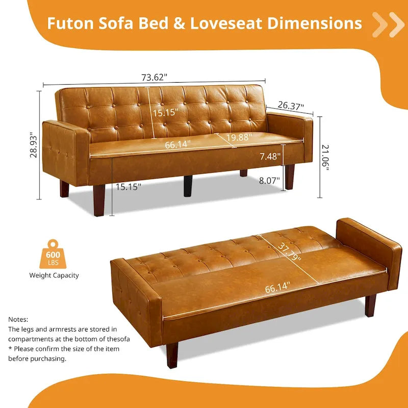 Mid-Century 74 in PU Leather Futon Sofa Bed, Button Tufted Sofa 3-Seat for Living Room Bedroom