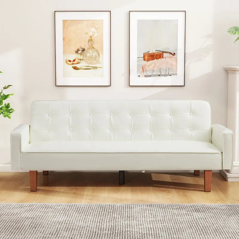 Mid-Century 74 in PU Leather Futon Sofa Bed, Button Tufted Sofa 3-Seat for Living Room Bedroom