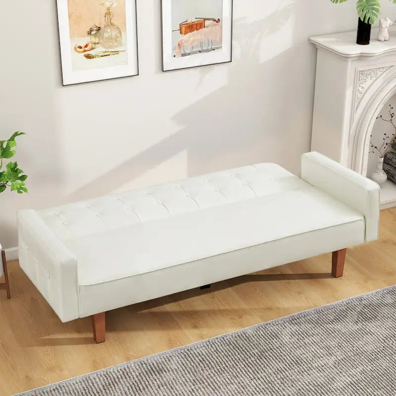 Mid-Century 74 in PU Leather Futon Sofa Bed, Button Tufted Sofa 3-Seat for Living Room Bedroom