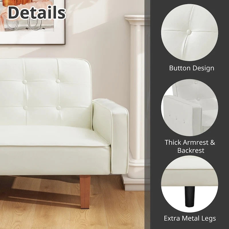 Mid-Century 74 in PU Leather Futon Sofa Bed, Button Tufted Sofa 3-Seat for Living Room Bedroom