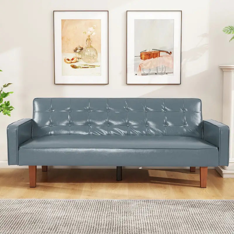 Mid-Century 74 in PU Leather Futon Sofa Bed, Button Tufted Sofa 3-Seat for Living Room Bedroom