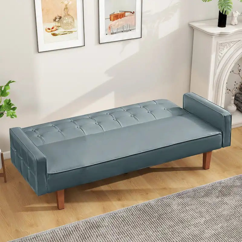 Mid-Century 74 in PU Leather Futon Sofa Bed, Button Tufted Sofa 3-Seat for Living Room Bedroom