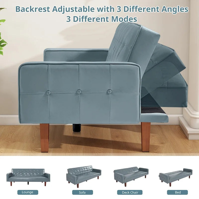Mid-Century 74 in PU Leather Futon Sofa Bed, Button Tufted Sofa 3-Seat for Living Room Bedroom