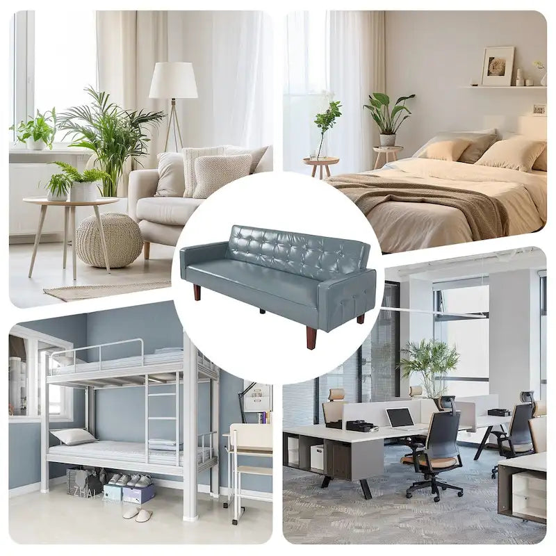 Mid-Century 74 in PU Leather Futon Sofa Bed, Button Tufted Sofa 3-Seat for Living Room Bedroom