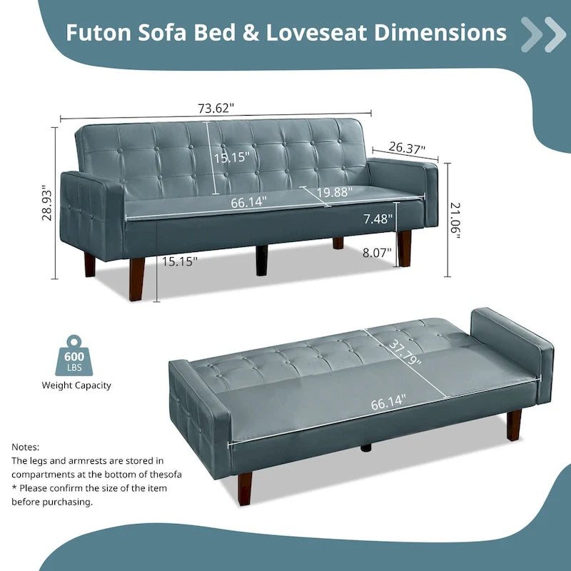 Mid-Century 74 in PU Leather Futon Sofa Bed, Button Tufted Sofa 3-Seat for Living Room Bedroom