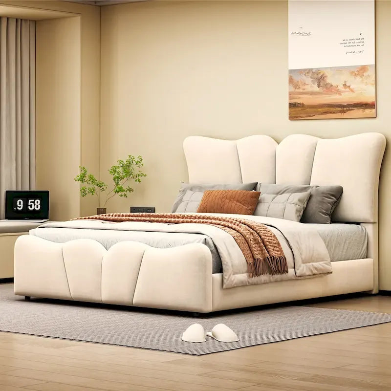 Beige Full Size Velvet Upholstered Platform Bed with Distinctive Headboard and Footboard