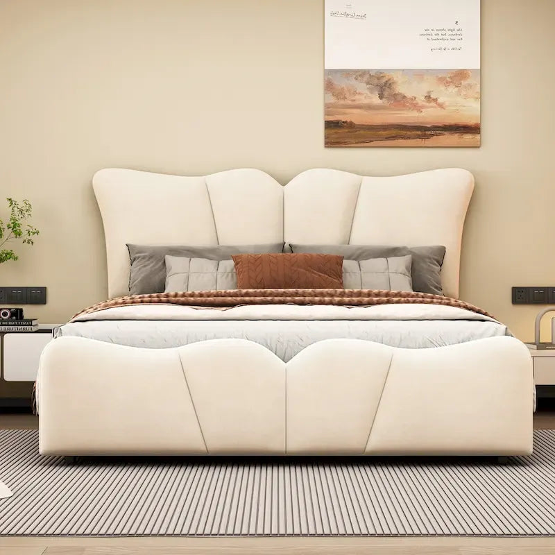 Beige Full Size Velvet Upholstered Platform Bed with Distinctive Headboard and Footboard