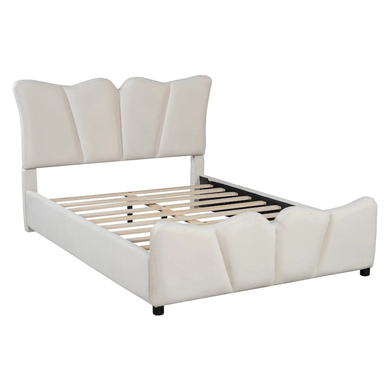 Beige Full Size Velvet Upholstered Platform Bed with Distinctive Headboard and Footboard