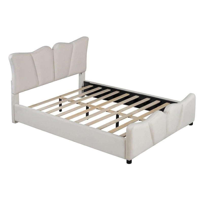 Beige Full Size Velvet Upholstered Platform Bed with Distinctive Headboard and Footboard