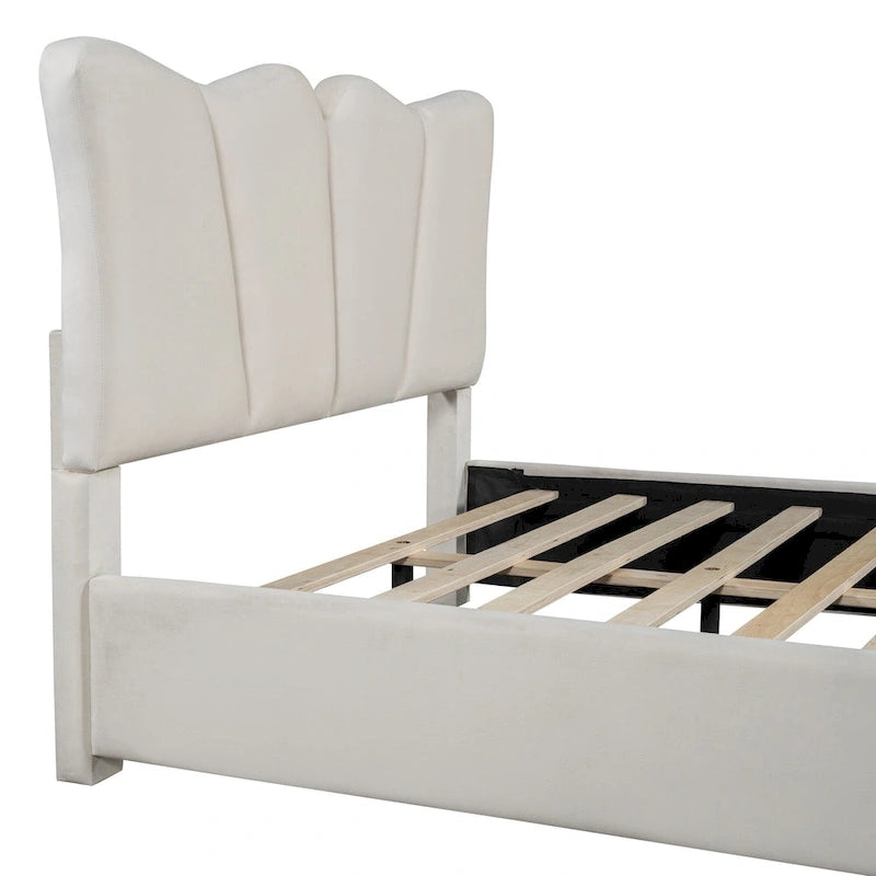 Beige Full Size Velvet Upholstered Platform Bed with Distinctive Headboard and Footboard